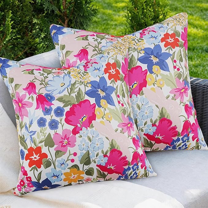 Adabana Spring Outdoor Waterproof Floral Pillow Covers Set of 2 Square Colorful Couch Cushion Cases 18x18 Inch Waterproof Decorative Pillows for Patio Garden Beach,Pink