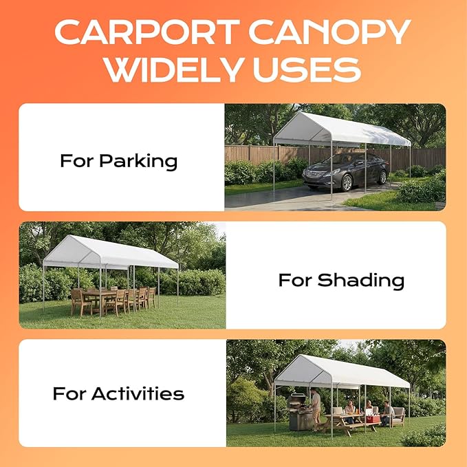 COWVIE 10 x 20 FT Carport Canopy Replacement Cover, with 46Pcs Long Ball Bungees, Waterproof Garage Top Tent Shelter Tarp, Only Top Cover