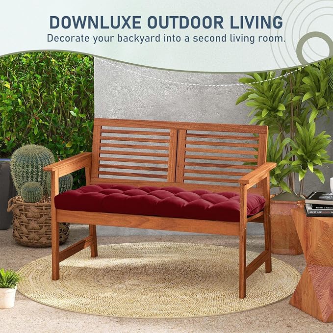 downluxe Outdoor Bench Cushion for Patio Furniture, Water Resistant Tufted Overstuffed Porch Swing Cushions, Thick Outdoor Loveseat Cushions, 59" x 18" x 5", Burgundy, Set of 1