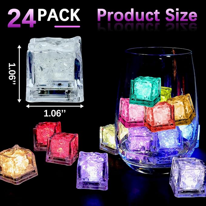 24 Pcs Light Up Ice Cubes - Waterproof LED Ice Cubes with Liquid Sensor and Color Changing Effect for Party, Bar, Wedding Decor - Multi Color