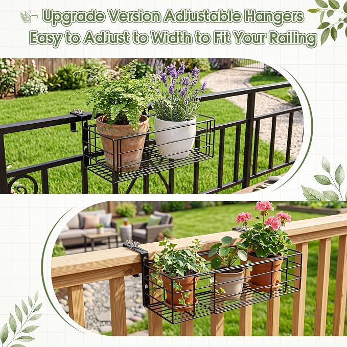 Youyole Railing Hanging Planter Holders, Adjustable Balcony Flower Pot Rack Stand, Expands 14"-36" Iron Hanger Hooks Fit Almost Any Balcony, Fence or Deck Railing up to 8" Wide(Black)