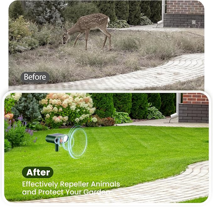 2026 Upgraded Ultrasonic Solar Animal Repellent Outdoor, Deer Repellent Devices Waterproof, Cat Repellent Outdoor with Motion-Activated Deterrent, Repels Squirrel, Deer, Raccoon for Yard (4-Pack)