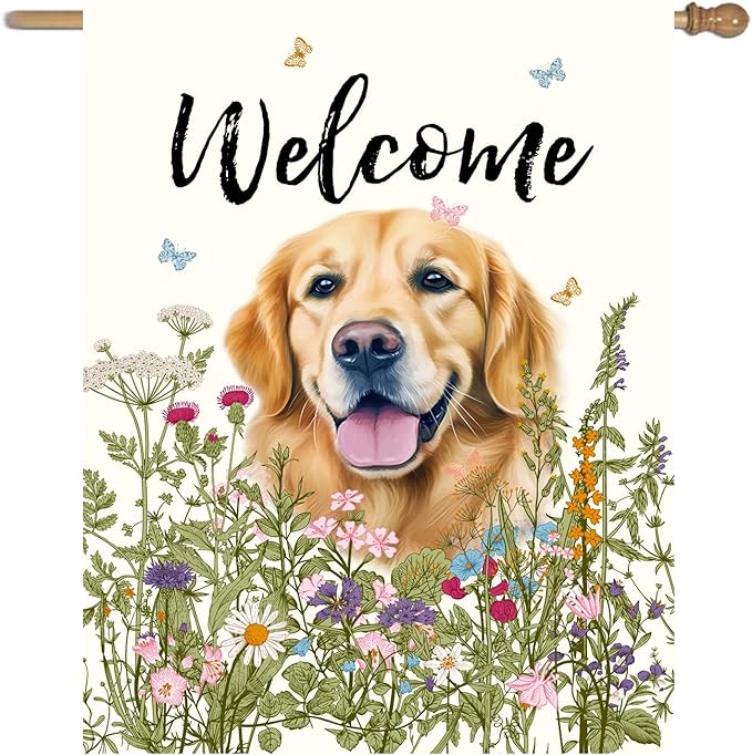 Floral Golden Retriever Garden Flag Spring Summer House Flags 28 x 40 Double Sided Flower Dog Yard Flags for Outside Large Outdoor Welcome Flags