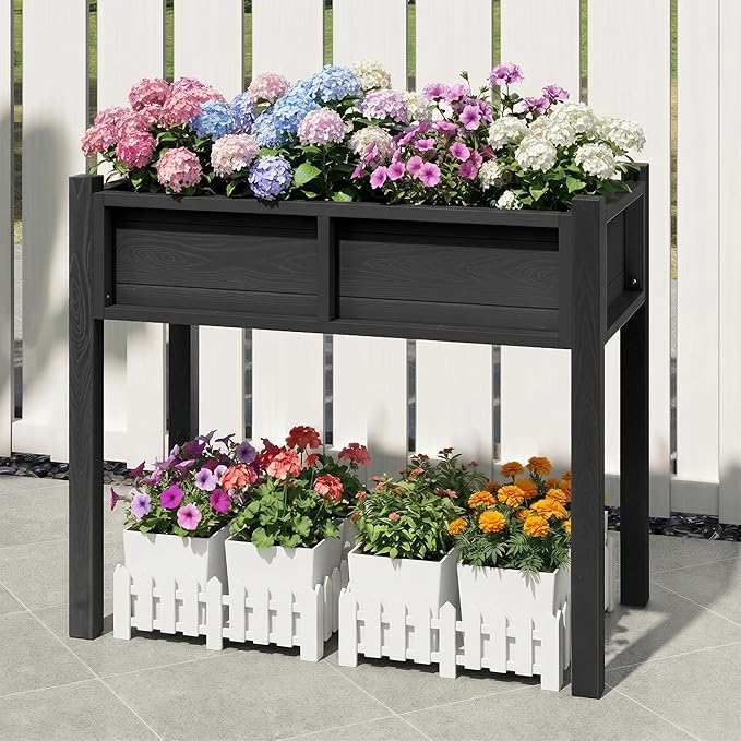 YITAHOME Elevated Garden Bed Poly-Wood All-Weather Raised Garden Bed with Legs & Drainage Hole HDPE Elevated Planter Box for Herbs Vegetables Flowers Plant Bed for Garden Balcony Backyard, Black