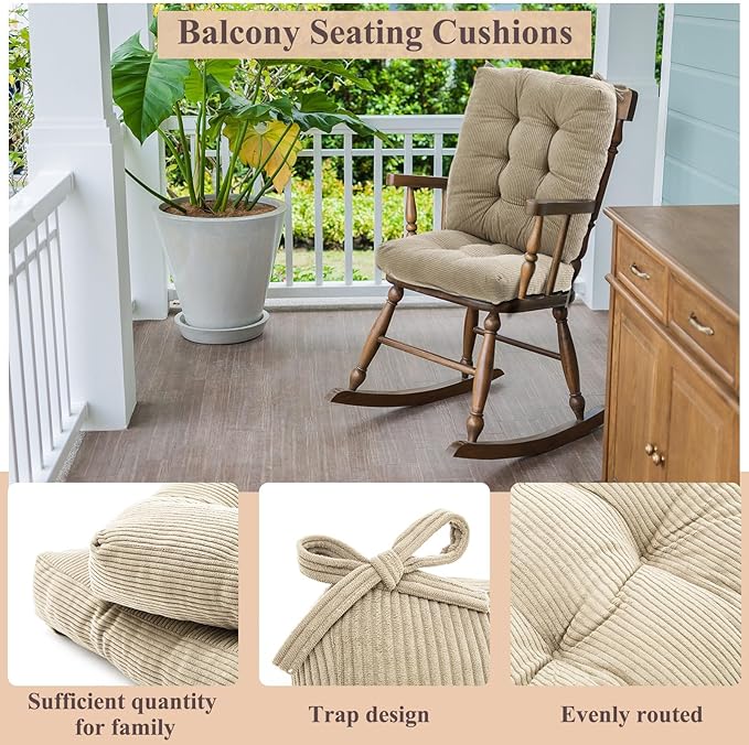 Juexica 4 Set Outdoor Patio Chair Cushions Corduroy Seat High Back Tufted Pillow Replacement Rocking Patio Chair Pads for Outdoor Indoor Home Office (Beige)