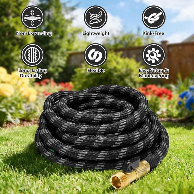 100 FT Non-Expandable Garden Hose, Lightweight Hose with 10 Function Spray Nozzle, Kink-Free Flexible Water Hose, Leak-Proof, 3/4'' Solid Connectors Garden Hose,Ultra Durable Garden Hoses