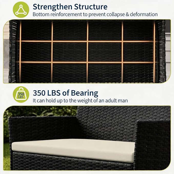 4-Piece Outdoor Furniture Set, PE Rattan Wicker Chairs with Soft Cushions & Tempered Glass Coffee Table - All-Weather Patio Set for Garden, Backyard, Porch, Poolside (Black/Beige)