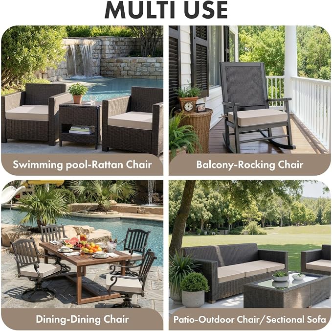 MIULEE Beige Outdoor Chair Cushions Set of 2, 24x24x4 Inch Waterproof Patio Seat Cushions for Outdoor Furniture Couch Sofa, 3 Year Color Fastness High Density Foam with Adjustable Ties