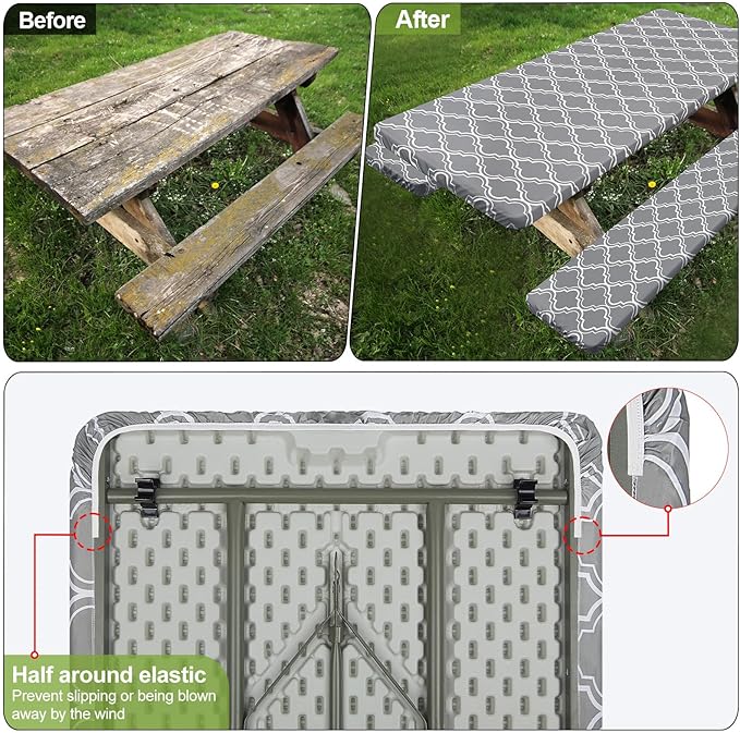 Play Tailor Picnic Table Cover with Bench Covers Camping Essentials Waterproof Windproof Camping Tablecloth with Drawstring Bag, Fitted Rectangle Tables and Seats, 72in, Grey