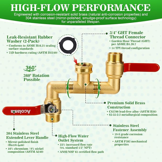 Hose Splitter 2 Way Heavy Duty Brass Garden Hose Splitter with 360° Rotatable, 304 Stainless Steel Long Handle Outdoor Full Flow Hose Splitter Connector, 3/4" GHT Thread