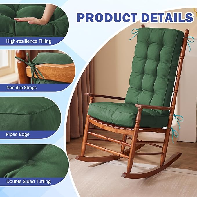 IPYNBAP Rocking Chair Cushion, Waterproof and Fade-Resistant Patio Chair Cushions, Tufted Chair Pads for Rocker Furniture, 18x18 Inch, Indoor/Outdoor Seat Cushions with Ties, Dark Green