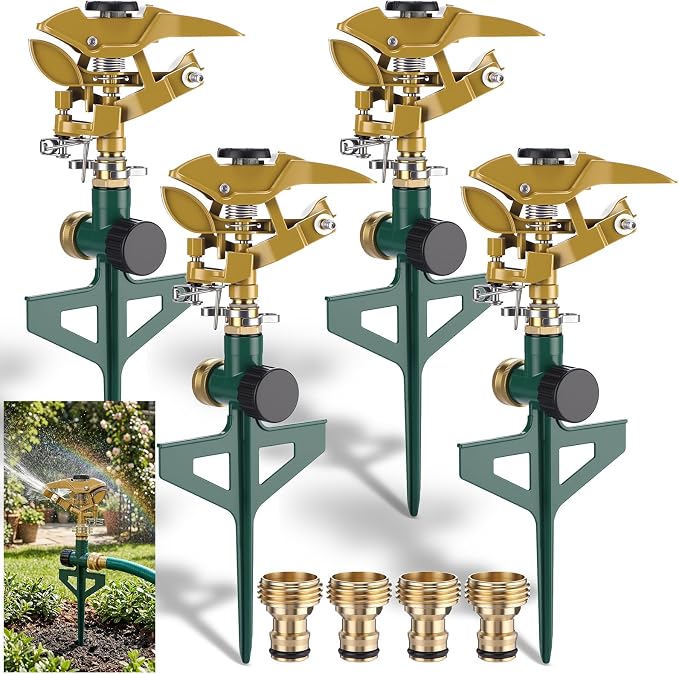 LemonRoad 4 Pack Heavy Duty Brass Impact Sprinkler on Metal Spike Base 360 Degree Automatic Pulsating Lawn Sprinkler for Large Area Yard Garden Irrigation System for Large Area Grass Garden Irrigation