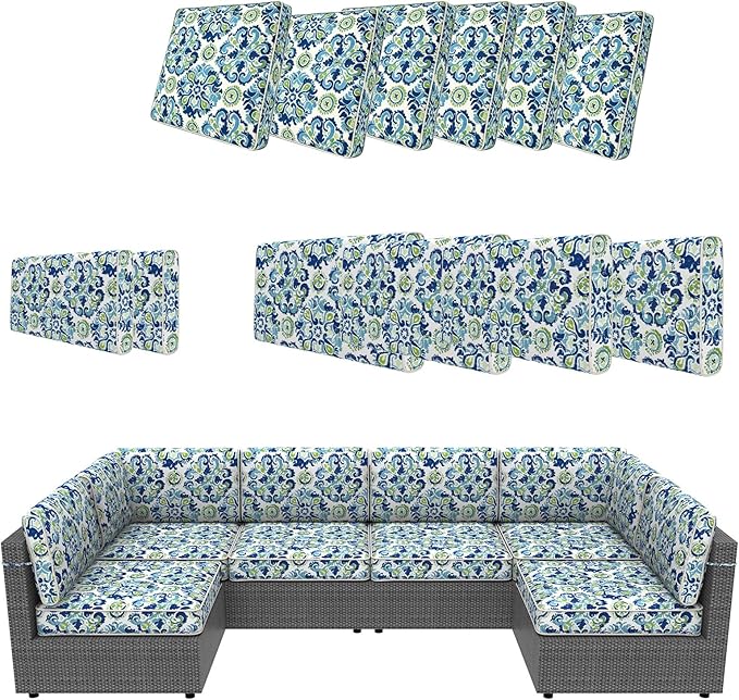 14 Piece Outdoor Furniture Replacement Cushions, Cover+Filling, 25.6" x 25.6" x 4" Foam Waterproof Outdoor Sofa Cushion Sets, Fit Wicker Rattan Sectional Conversation Set,Flowers