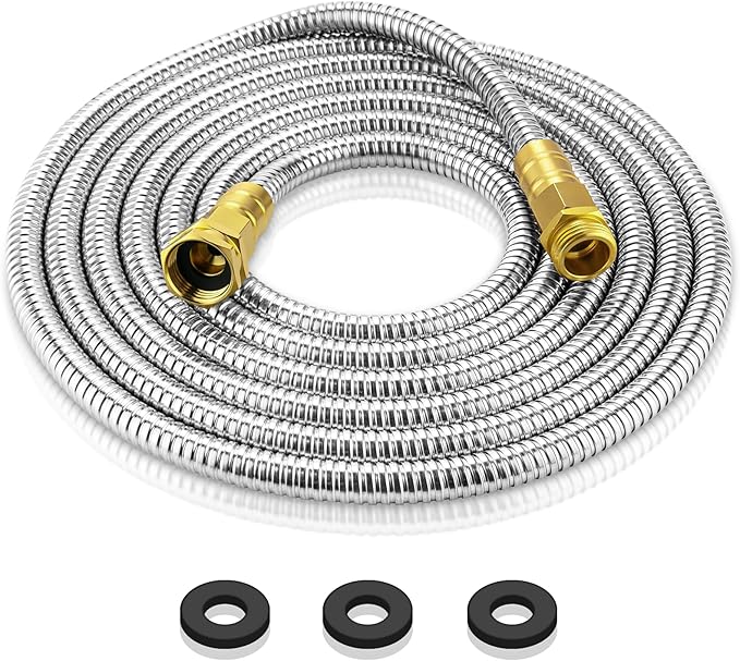 Rosy Earth Garden Hose 15 FT, 304 Stainless Steel Metal Water Hose, Heavy Duty Flexible Leader Hose, Short Water Hose Kink Free Hose for Rv, Outdoor, Yard, No Bite, Leak proof and Durable