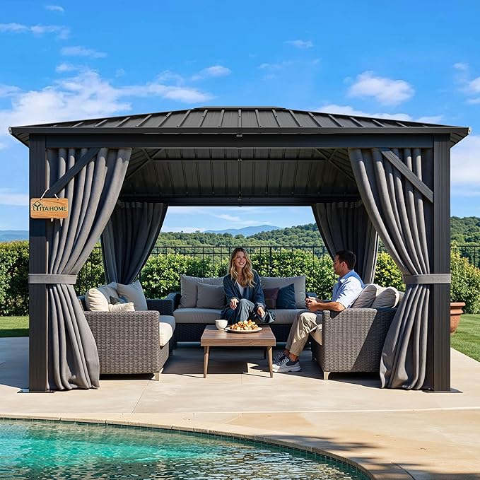 YITAHOME 10'X12' Single Hardtop Gazebo Metal Outdoor Patio Galvanized Iron Aluminum Column Garden Tent Curtains Netting for Backyards Decks Lawns,Gray