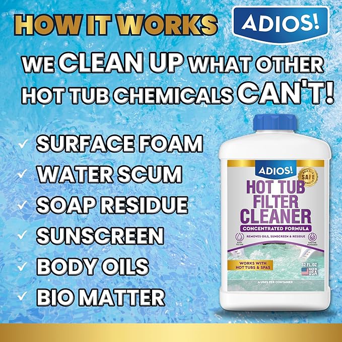 Adios! Hot Tub 4X Filter Cleaner for Spas – Deep Cleaning Soaking Solution Dissolves Grease and Grime, Unclogging and Restoring Water Flow (32oz)