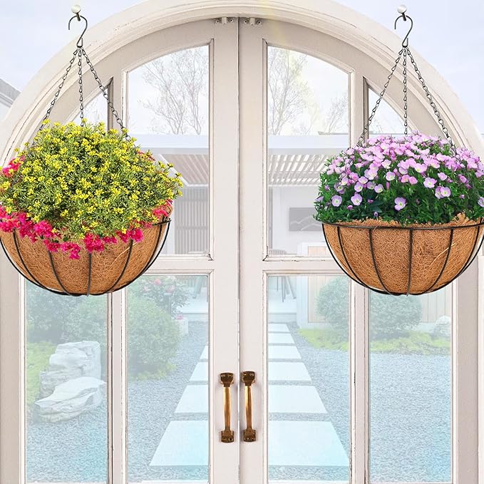 HKZ Hanging Basket Planter Plants Outdoor - 2 Pack 10 Inch Metal Hanging Planter with Coco Liners, Chain Hook Hanging Flower Pots for Indoor Outdoor Garden Porch Decoration