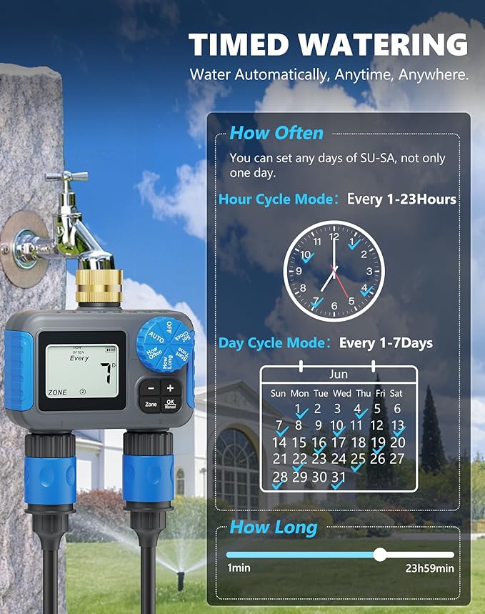 Sprinkler Timer with Brass Swivel, 2 Zone Hose Timers for Watering, Digital Irrigation Timer with Rain Delay & Manual Mode, Automatic Watering System for Outdoor Garden Lawn Yard