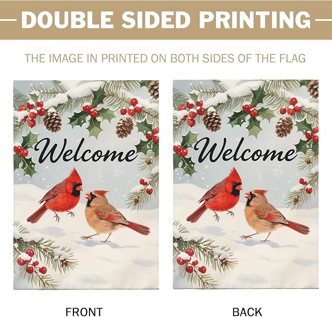 Welcome Winter House Flag 28x40 Inch Cardinal Bird Snow Scene Christmas Holiday Seasonal Decorative Garden Flags for Outside Double Sided Outdoor Home Farmhouse Decoration Porch Yard New Year Decor