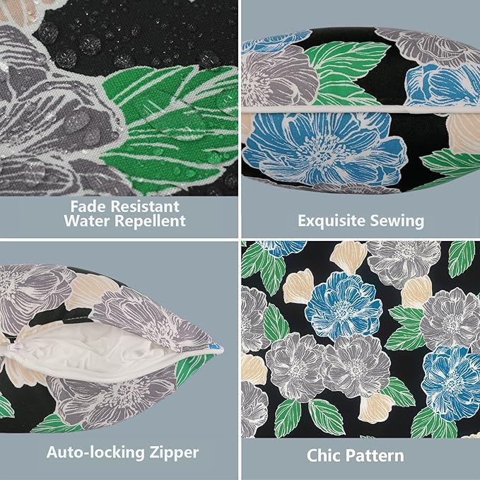 LVTXIII 2 Pack Outdoor Lumbar Pillow Covers 12x20 Inch with Piping, Water-Repellent Back Cushion Covers ONLY for Patio Furniture, Sofa, Garden Bench, Sketch Peony