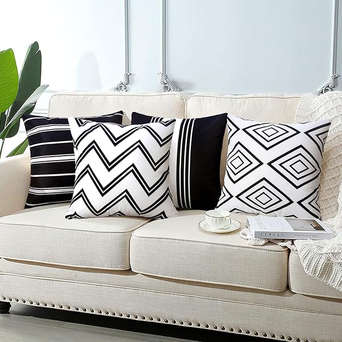 Adabana Outdoor Waterproof Pillow Covers 18x18 Inch Set of 4 Black and White Modern Geometric Throw Pillows Cover Decorative Boho Pillow Covers for Patio Garden Porch