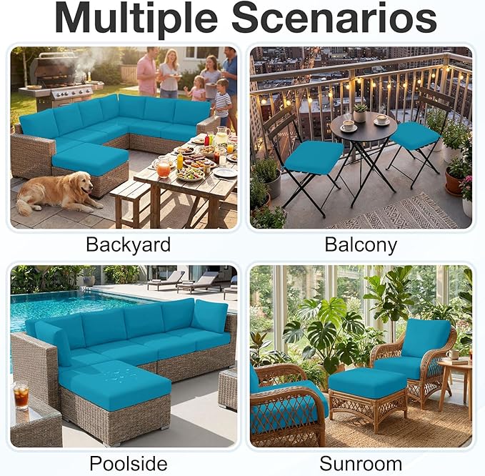 hyha Waterproof Outdoor Cushion Covers for Patio Furniture, Stretch Patio Chair Cushion Slipcovers, Coated UV Resistant Replacement Seat Covers, Solid Color (Teal, 8PC)