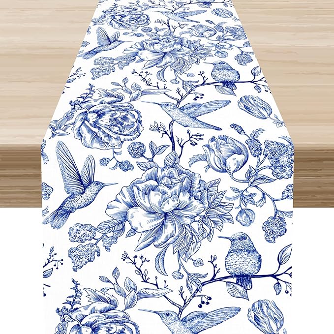 Blue Floral Table Runner, Rustic Seasonal Watercolor Spring Flower Birds Wildfloral Boho Retro Coffee Table Center Decor for Family Kitchen and Dining Farmhouse Party Table Decorations, 13"x72"