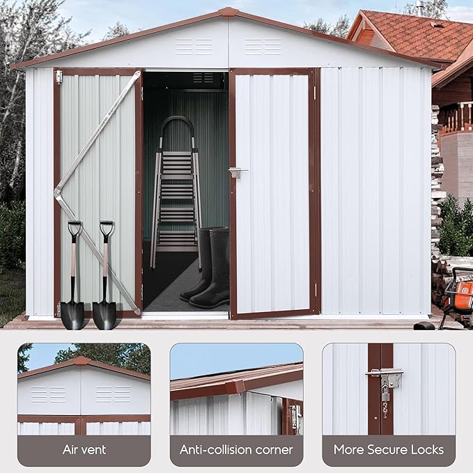 6x8 FT Metal Tool Shed, Galvanized Steel Large Outdoor Storage Shed, Storage Shed Equipped with Vents, Tool Shed with Door and Padlock, Ideal for Backyards, Patio Lawns and Outdoor, Brown White