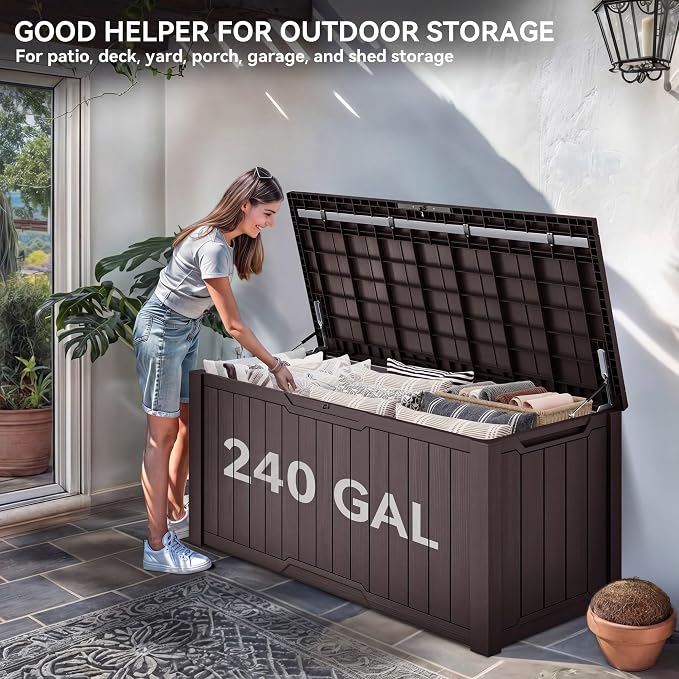 YITAHOME 240 Gallon Extra Large Outdoor Storage Deck Box, XXL Waterproof Resin Patio Storage w/Lockable Lid for Outdoor Cushions, Garden Tools and Sports/Pools Equipment, Dark Brown