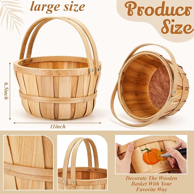 Marsui 6 Pcs Large Wooden Apple Basket 11 x 6.5'' Wicker Fruit Bushel Baskets with Handle for Garden Storage Organizing Farmers Personal or Commercial Use