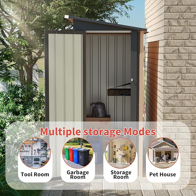 KEIKI 5x3 FT Metal Storage Shed with Pent Roof & Side Hinge Door, Small Outdoor Storage Shed for Garden Tools, Backyard Metal Shed for Patio or Tiny House Use, Brown