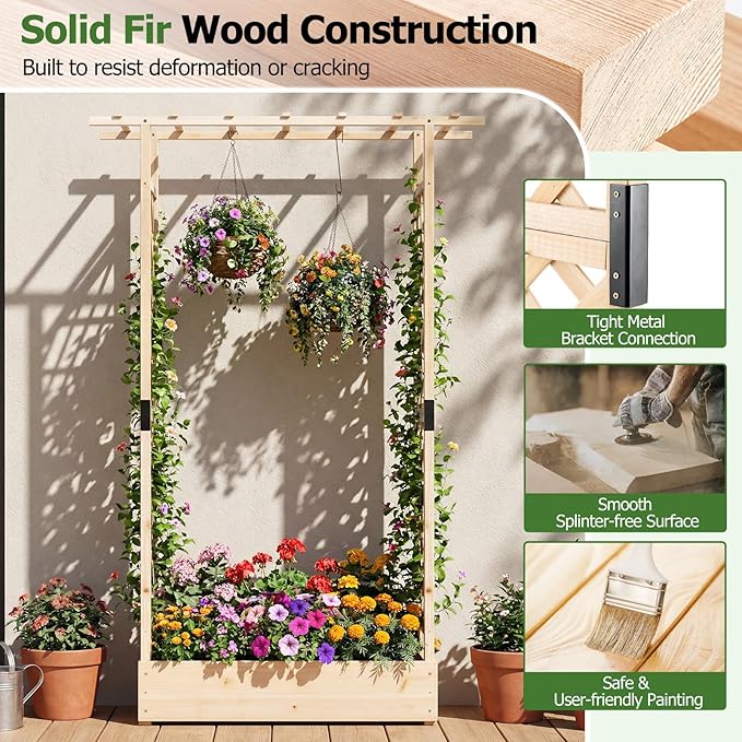 HAPPYGRILL 89" Raised Garden Bed with Trellis & Hanging Roof, Wooden Planter Box with 4 Drainage Holes, Outdoor Wood Elevated Garden Bed for Climbing Plants Vines Vegetables Flowers (Natural,1)
