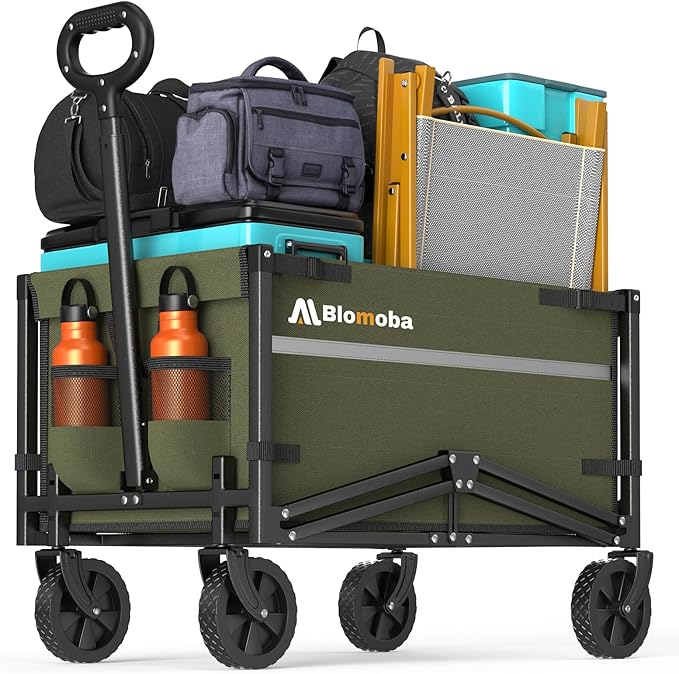 Blomoba Collapsible Wagon Cart, 220LBS Heavy Duty Collapsible Wagon with All-Terrain Wheels 360° Rotation, Flexible Handle, Portable Utility Cart for Grocery Sports Garden Shopping Camping Beach,Green