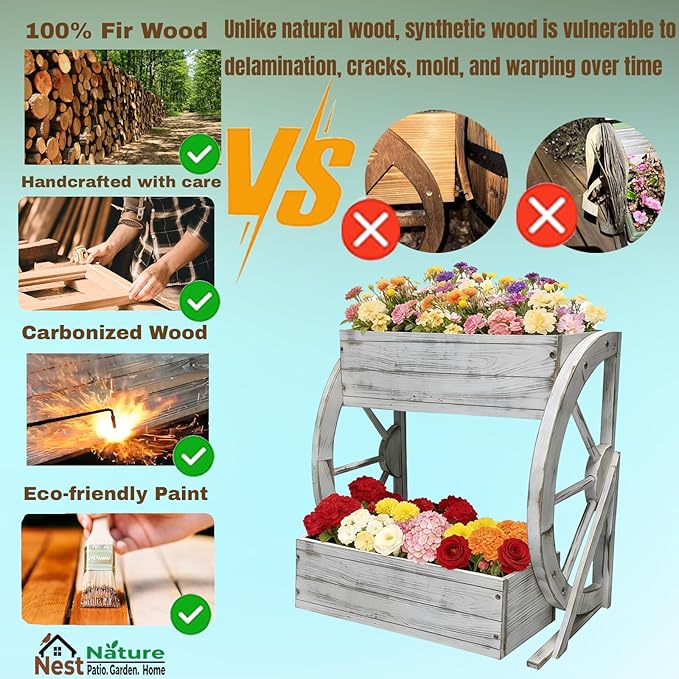2 Tier Medium Wooden Wagon Planter Box|Outdoor Planter/Flower Pot for Indoor&Outdoor Plants-Rustic Garden Planter for Patio,Porch&Garden Decor-Raised Garden Bed for Succulents,Herbs,Vegetables