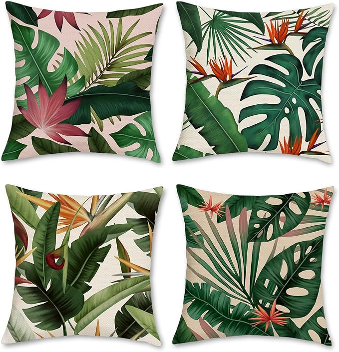 Bonhause Tropical Leaves Throw Pillow Covers 18x18 Set of 4 Green Palm Leaf Monstera Botanical Pillows Case Polyester Linen Cushion Covers for Outdoor Couch Sofa Patio Decor