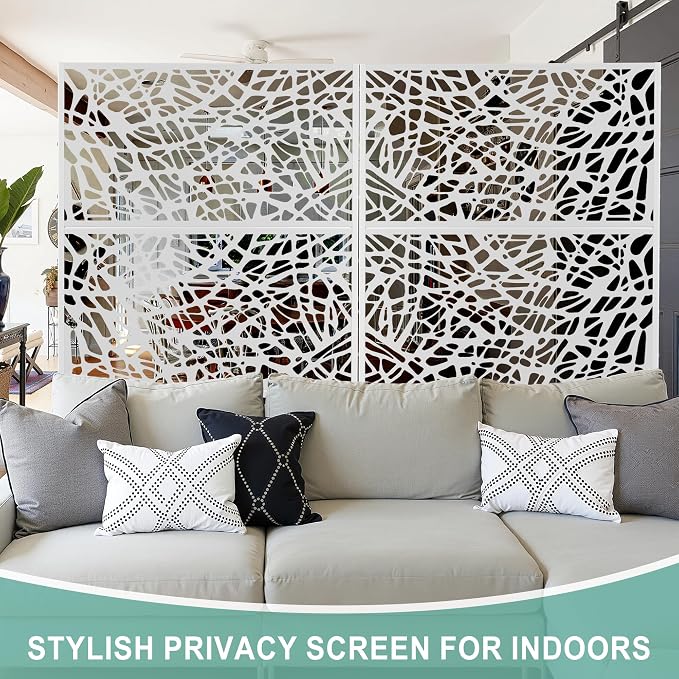 Metal Privacy Screen for Outdoor & Indoor Use, Free Standing Privacy Screen for Patio Garden Pool, 72" H x 47" W Decoative Privacy Panels, Weather Resistant, Easy Assembly (White Net)