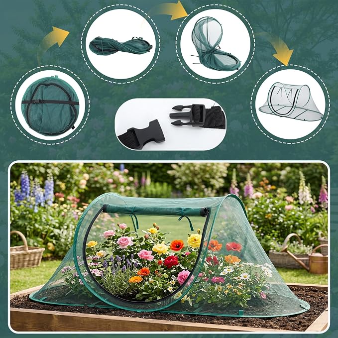 Threehoney 3 Pcs 70" x 24" x 24" Large Pop up Garden Mesh Plant Cover Adjustable Plant Netting Cover Vegetable Mesh Protector Net Cage Guard with 18 Ground Nails for Protecting Vegetables Fruits