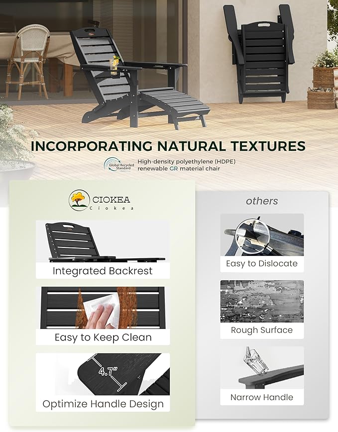 Ciokea Folding Adirondack Chair Set of 6 with Retractable Ottoman Fire Pit Patio Chair with Pull Out Foot Rest Weather Resistant Lawn Outdoor Chair with 2 Cup Holder(Black)