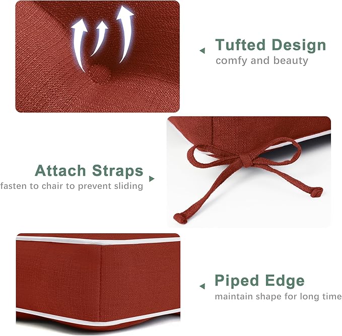 Favoyard Outdoor Rocking Chair Cushion 17 × 17 Inch Water Resistant & 3-Year Color Fastness Patio Chairs Cushions for Rockers Furniture, Set of Seat & Back Thick Tufted Cushion with Tie Straps, Red