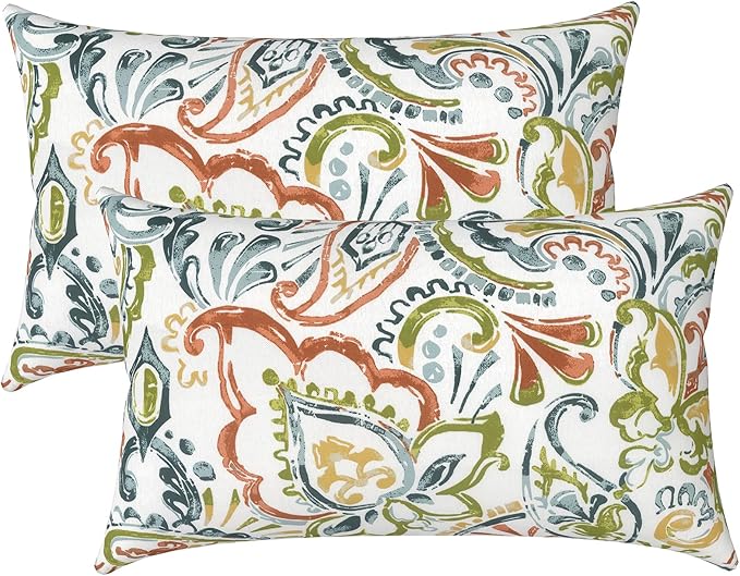 LVTXIII Outdoor/Indoor Lumbar Pillows, Decorative Patio Lumbar Cushions, Fluffy Water Repellent Garden Cushions for Home Patio Coach Sofa Use, 12×20 Inch, Pack of 2, Paisley Botanical
