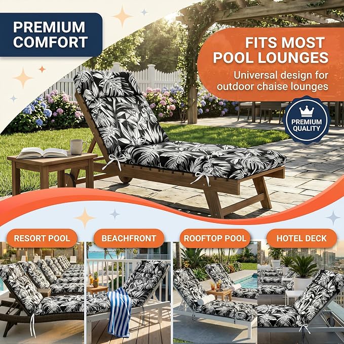 MAGIC ELEPHANT Chaise Lounge Cushion Outdoor, Memory Foam Patio Lounge Chair Cushion with Ties for Indoor Outdoor Furniture, Water-Repellent Replacement Long Chair Cushion (Black Monstera)