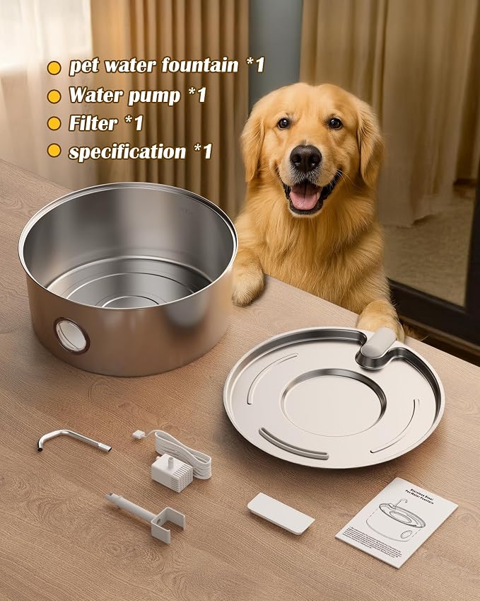 Dog Water Fountain for Large Dogs- 270oz/8L Stainless Steel Dog Water Bowl Dispenser Automatic Pet Water Fountain with Ultra-Quiet Pump/Quadruple Filtration for Dogs, Cats, Multiple Pets