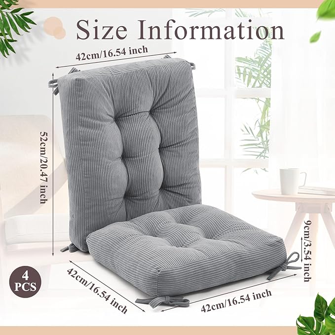 Juexica 4 Set Outdoor Patio Chair Cushions Corduroy Seat High Back Tufted Pillow Replacement Rocking Patio Chair Pads for Outdoor Indoor Home Office (Gray)