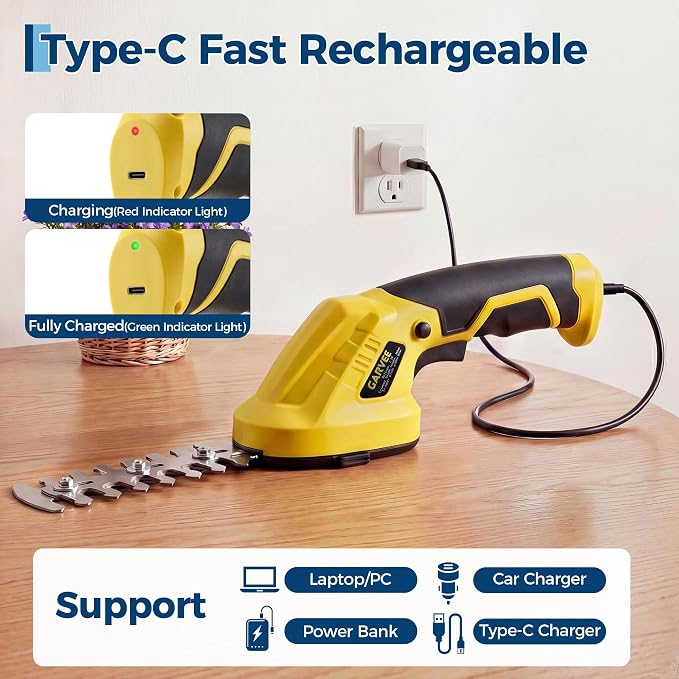 2-in-1 Electric Handheld Hedge Trimmer, Cordless Grass Shear & Shrub Trimme, Lightweight Rechargeable Bush Trimmers, with Type-C Cable, Dual Safety Switch, Brushless Motor, for Yard, Lawn, Garden