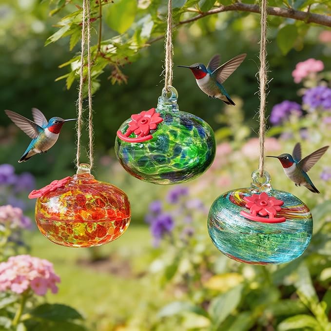 QFkris Blown Glass Hummingbird Feeder for Outdoors Hanging, Small Hummingbird Feeder with Flower Feeding Ports for Outside Garden Backyard Decor, Gifts for Women Mom(Orange)