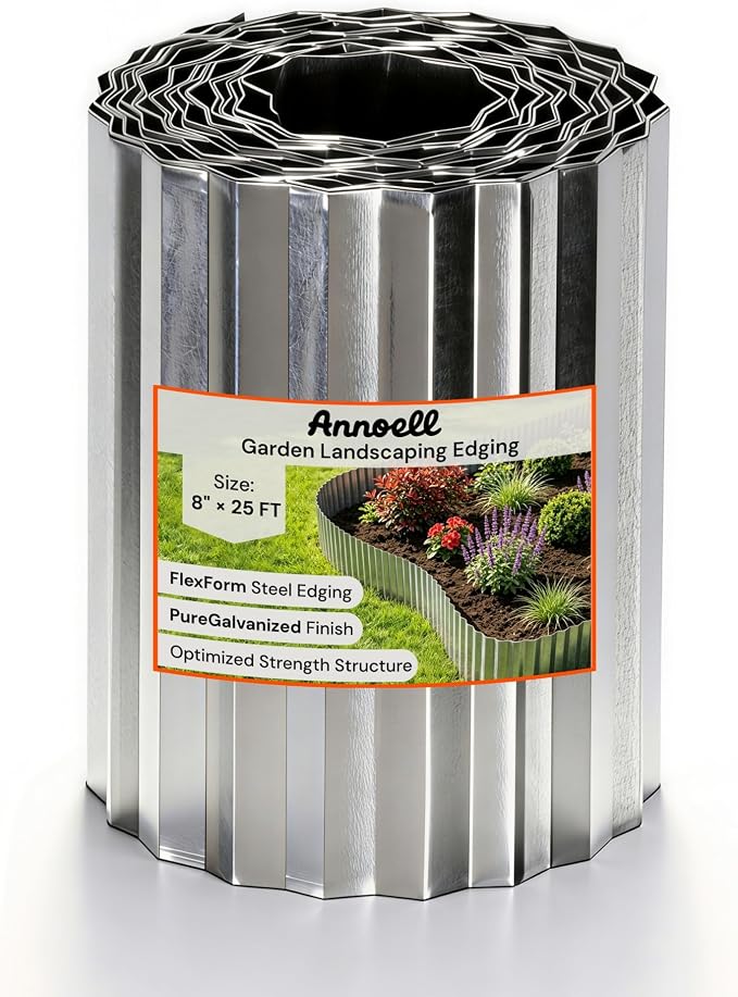 Corrugated Metal Garden Edging 8" x 25 ft, Landscape Edging Border | Fully Hemmed Edges, Galvanized Steel, Flexible Lawn Edging for Tree Rings, Flower Beds, Gravel Paths and Garden Borders