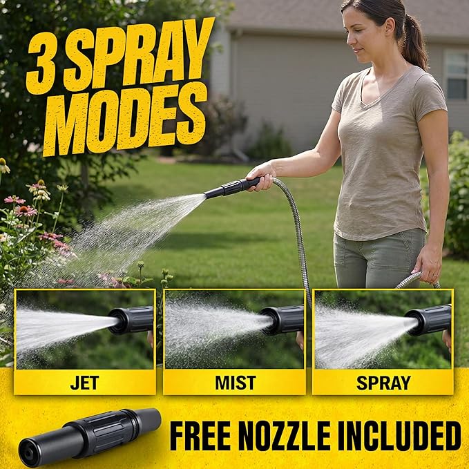 BIONIC STEEL 50 Ft Metal Garden Hose with Sprayer Nozzle, Non Kinking Designed Stainless Steel Heavy Duty Water Hose 50Ft x 5/8 in. Ultra Flexible NON Expandable for Uninterrupted Water Flow, 500 PSI