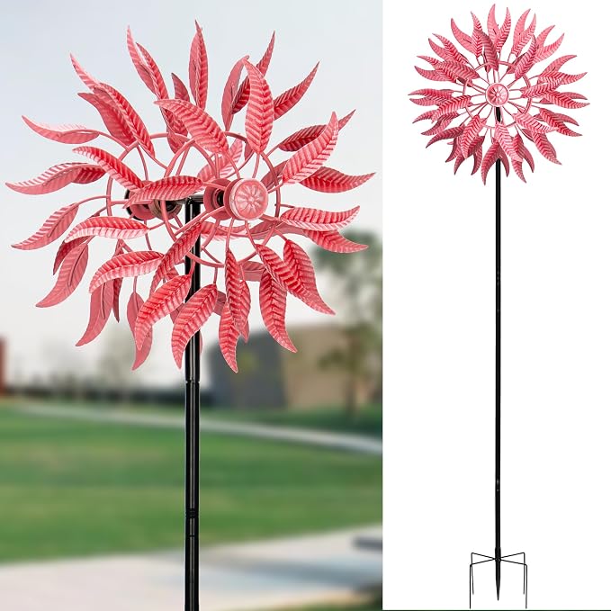 Large Wind Spinners Outdoor Metal, 360° Double-Layer Garden Wind Spinners Sculptures, 63" ×13.4", Kinetic Pinwheels for Yard and Garden Patio & Lawn (Pink)