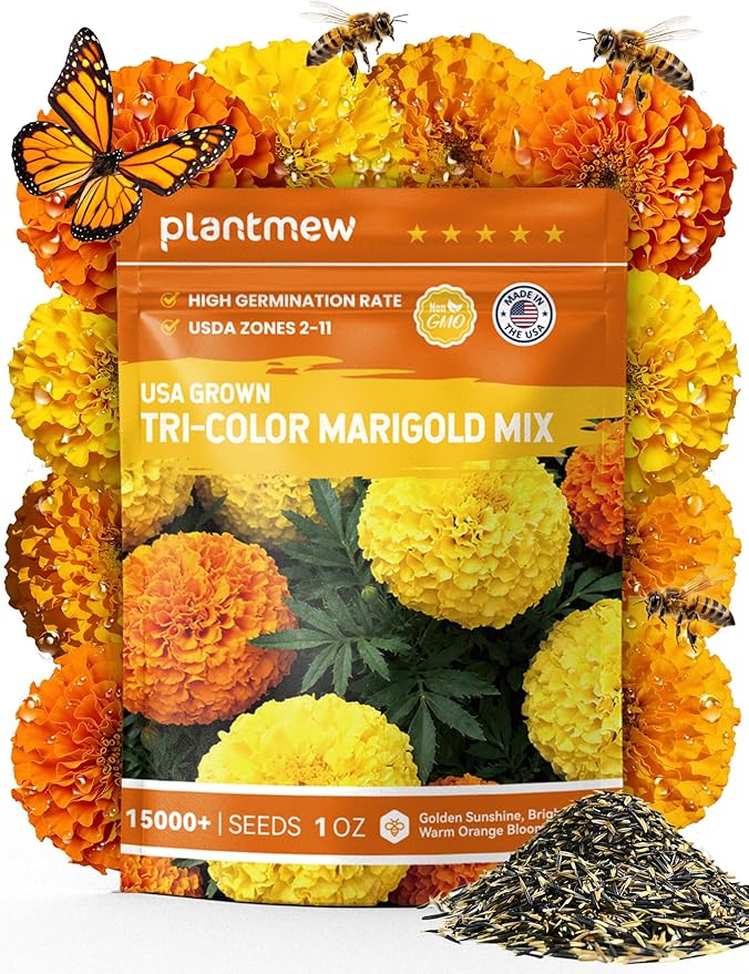 Tri-Color Marigold Seeds for Planting | 15,000+ Heirloom French Marigold Flower Seeds | Non-GMO, High Germination, USA Grown for Outdoor Gardens & Borders