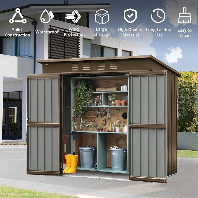 Christopher Knight Home Avonn Outdoor Storage Shed 6x4 FT, Metal Tool Sheds Storage House with Lockable Double Door, Large Bike Shed Waterproof for Garden, Backyard, Lawn, Brown